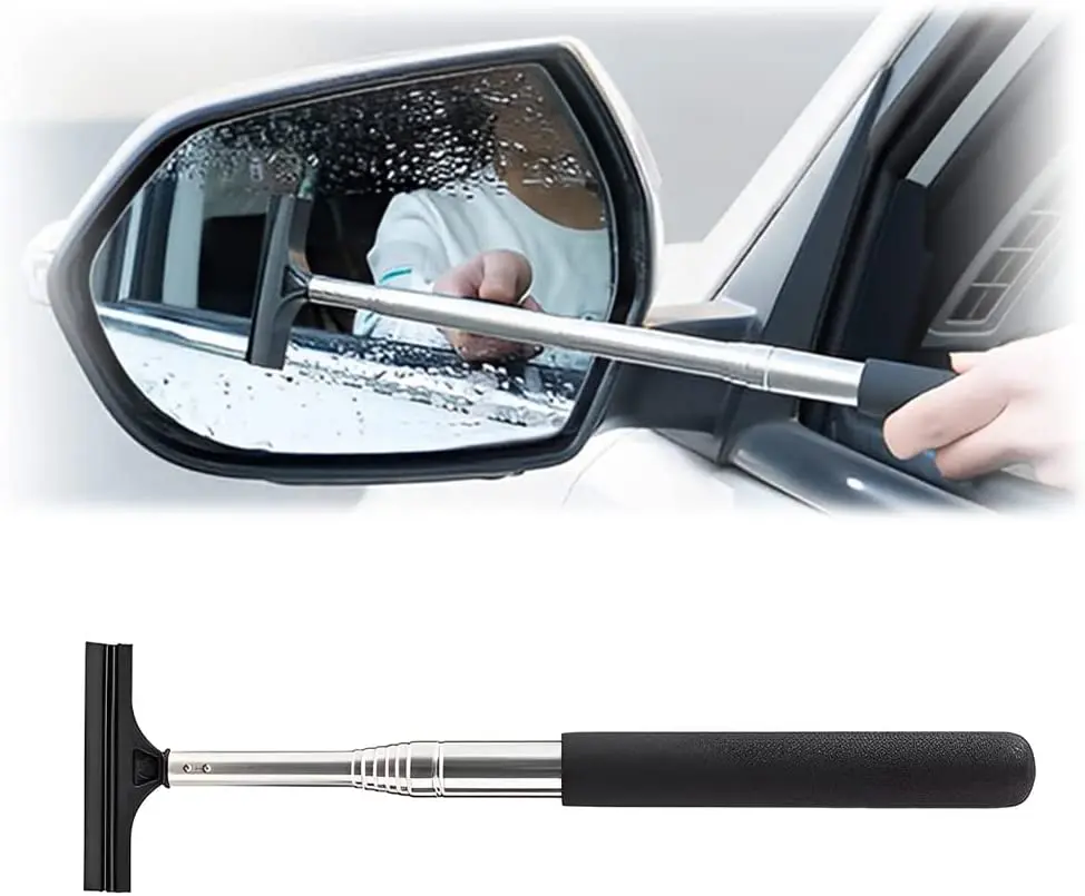 Car Rearview Mirror Wiper, Retractable Auto Glass Squeegee, Water Cleaner with Telescopic Long Rod, Portable Cleaning Tool for All Vehicles, Universal Automotive Accessories (Black) 8sanlione