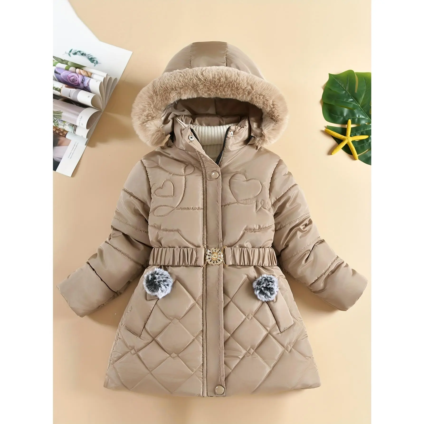[Stylish Coat] Winter Coat |         Stylish Girls' Parka with Faux Fur Hood, Heart-Shaped Pattern, Warm Mid-Length - Beige, Polyester, Fall/Winter Outerwear Girls