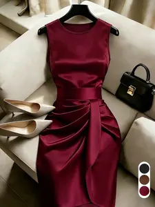 Silk Midi Dress, Round Neck Bodycon Dress, Summer Wine Silk Wrap Dress, Sleeveless High Waist Design, Elegant Formal Office Wear