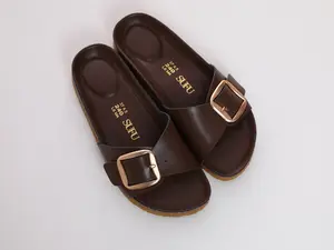 SUFU Summer Clogs Women's Footwear Mule Shoes PU Leather Slip On Sandals with Gold Buckle Dark Brown Flipflop Slide for Casual Outings