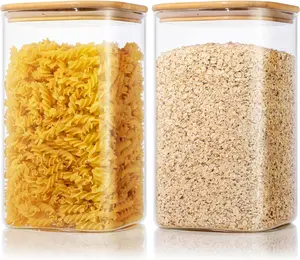 Extra Large Square Glass Flour & Sugar Storage Containers with Airtight Bamboo Lids 168oz 2 Pack for Cereal Pasta Rice Organizers