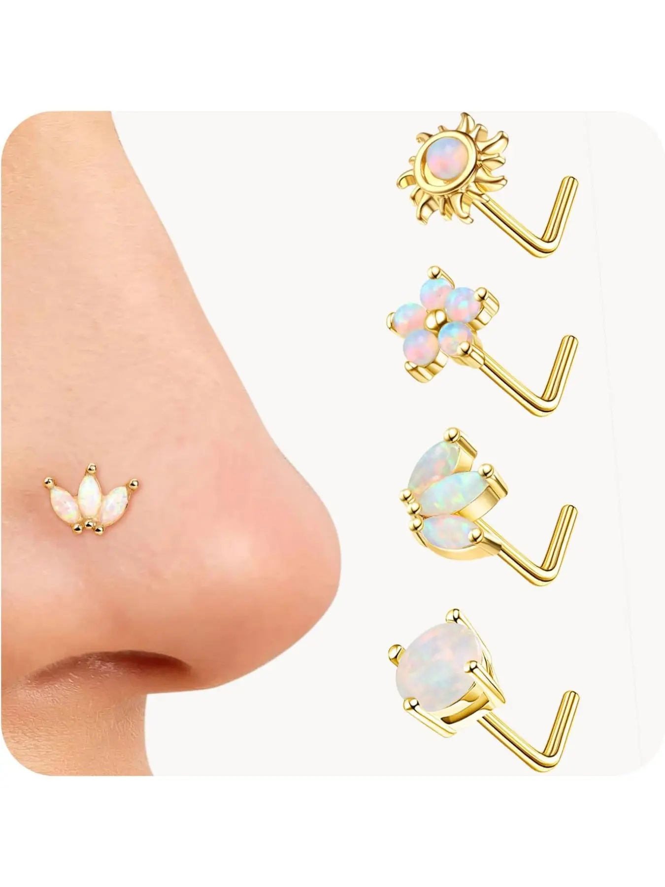Nose Rings Studs for Women Chic Body Jewelry Stainless Steel L Shaped Nose Studs Tiny Opal CZ Sunflower Turquoise Bee Planet Geometric Nose Piercing Jewelry Body Jewellery