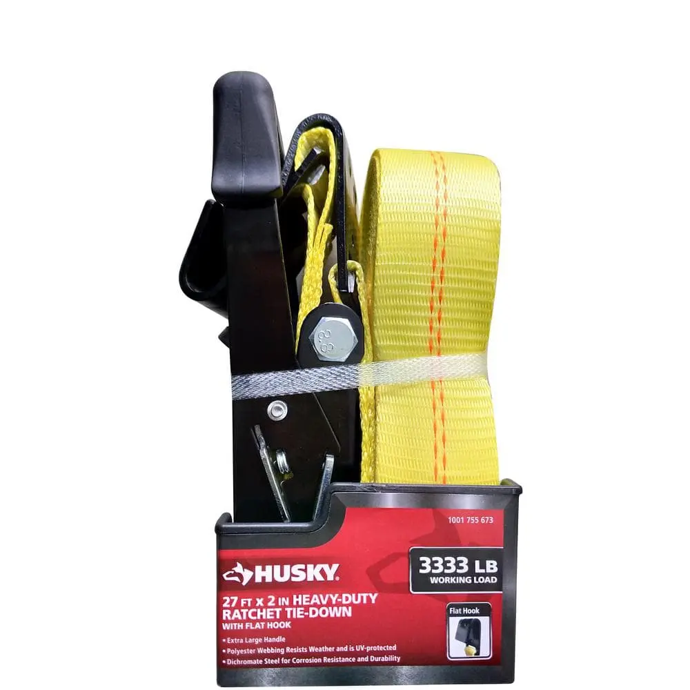 High Tenacity Ratcheting Straps with Flat Hooks, 2 in. x 27 ft. Polyester Tie Downs, 10000 lbs Break Strength, 3333 lbs Working Load Limit, Durable Tie Downs, Heavy Loads, Uv Protected, Dichromate Steel, Industrial Use, Weather-Resistant