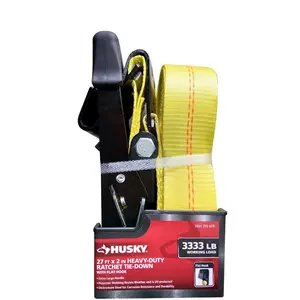2 in. x 27 ft. Heavy-Duty Durable Adjustable Ratchet Tie-Down Rope with Flat Hooks, Cargo Securing Polyester Webbing Luggage & Travel Bag Accessory