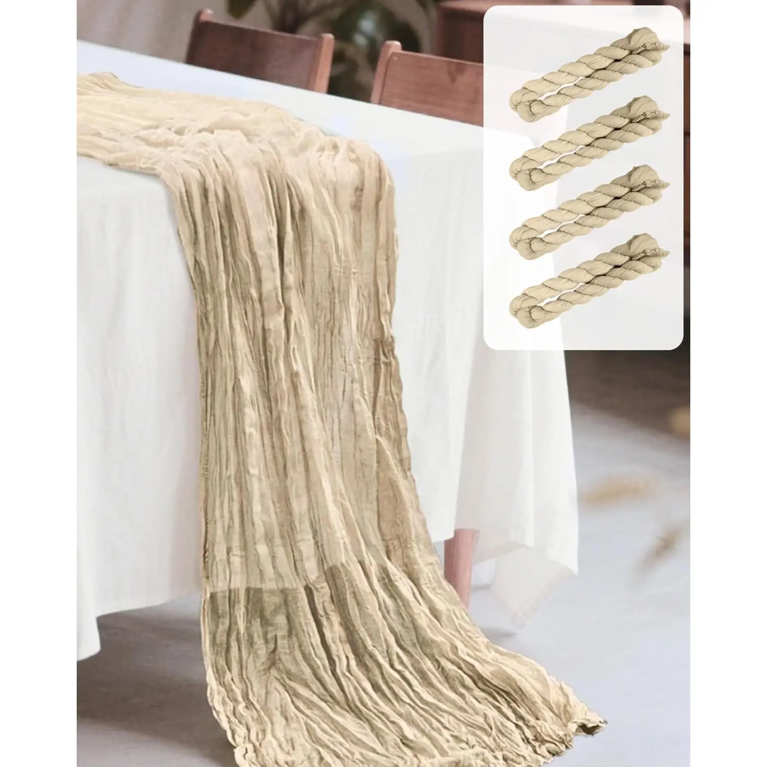 4 Pack 35x120 Inches Cheesecloth Table Runner 10Ft Boho Gauze Fabric Rustic Romantic Table Runner for Wedding  Shower Birthday Christmas Party Table Decoration (Beige)