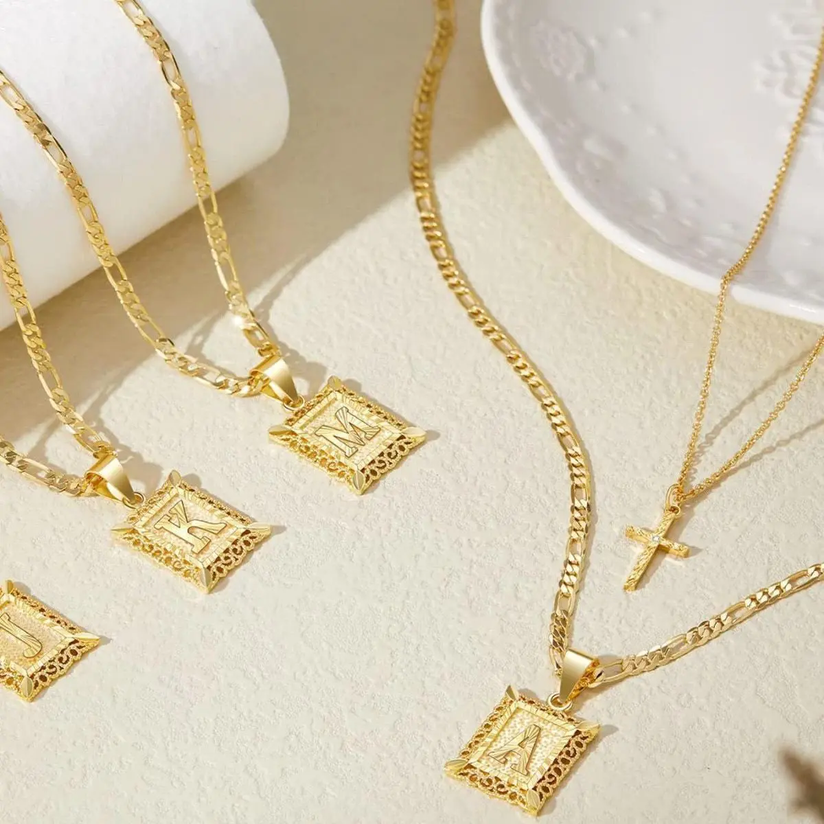 14K Gold-Plated, Unisex Initial Pendant Necklace, Square Letter Pendant Necklace, Full A-Z Set, Valentine's Day Gift
