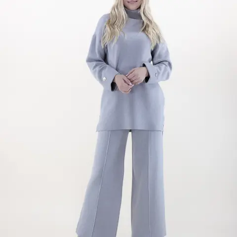 Women's Casual 2-Piece Turtleneck Knit Sweater & Pull-On Wide-Leg Pants Set - Shell-Cuff Style, Easy Styling, Quick Change, Set or Top+Pants Option