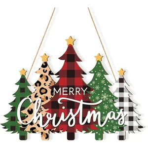 Wooden Christmas Tree Door Wreath for Front Door Sign Wall Signs Christmas Decoration, Merry Christmas Sign Black White Buffalo Plaid Welcome Hanging for Home Wall Decor Xmas Party Outdoor indoor Supply