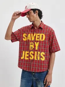 Vintage Street Style Plaid Shirt, Men's 'saved by Jesus' Distressed Print Top, Check Religious Design, Casual Loose-Fitting