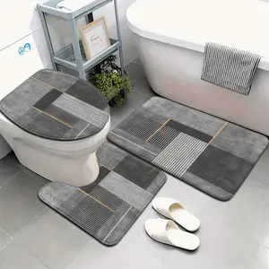 3pcs/4pcs Gray Striped Pattern Bathroom Mat Set Toilet Lid Cover and Rug Bath Decor U-Shaped Foot Mats