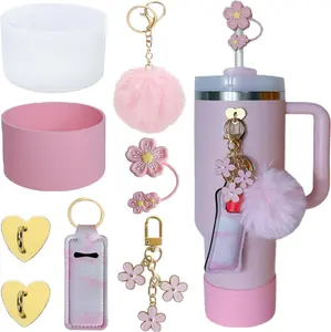 Stainless Steel Insulated Kids Tumbler Accessories for Stanley Cup 40oz Pink - 2 Silicone Boots, Flower Straw Cover, Charms Hooks, Lipstick Holder, Pompom Ball, Keychain Charms