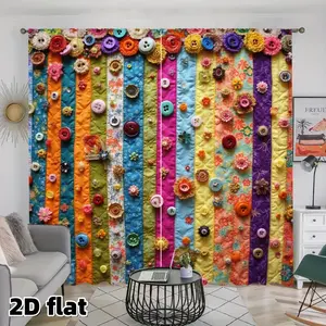 2D Flat 2Pcs Colorful Bohemian Curtains with Buttons Flowers Decoration, Rainbow Stripes Quilted Fabric, Rod Pocket Design, Boho Style Window Treatment for Living Room Bedroom Kitchen Balcony, Bright Home Decor, Easy to Install, Home Textile