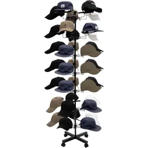 Freestanding Rotating Hat Display Rack Stand with 35 Hooks, 7 Tiers Hat Holder Storage Organizer with Wheels, Floor Stand Display Holder Headwear Retail Store Black Wig Cap Hanger Rack Hanging Hangable White