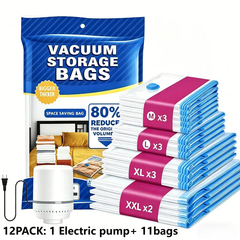 Vacuum Storage Bags 12Pack (1 Electric Pump 2 Jumbo 3 Large 3 Medium 3 Small) 80% Space Saving for Clothing Travel Luggage Comforters Blankets Pillows Bedding Dustproof Organizer. Durable Pouch.reusable space saver.ultra large vacuum