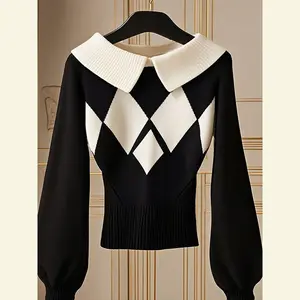 KIMIKAL Women's Elegant Lapel Diamond Plaid Acrylic Knit Sweater Black & White Color Clash Long Sleeve Chic Slouchy Top for Office Party Everyday Wear Trendy Fall Winter Tops Womenswear Knitwear