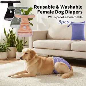 5pcs Washable Female Dog Diapers, 4 Pcs Dog Diapers + 1 Pc Wet Bag，High Absorbency Reusable Pet Panties, Adjustable Waistband, Leakproof Polyester Fabric, X-Small to Large