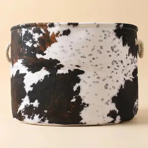 Large Size Western Nursery Laundry Basket with Cotton Rope Handles Cowboy Decor Hamper For Toys Cloths Baby Stuff (Cow skin)