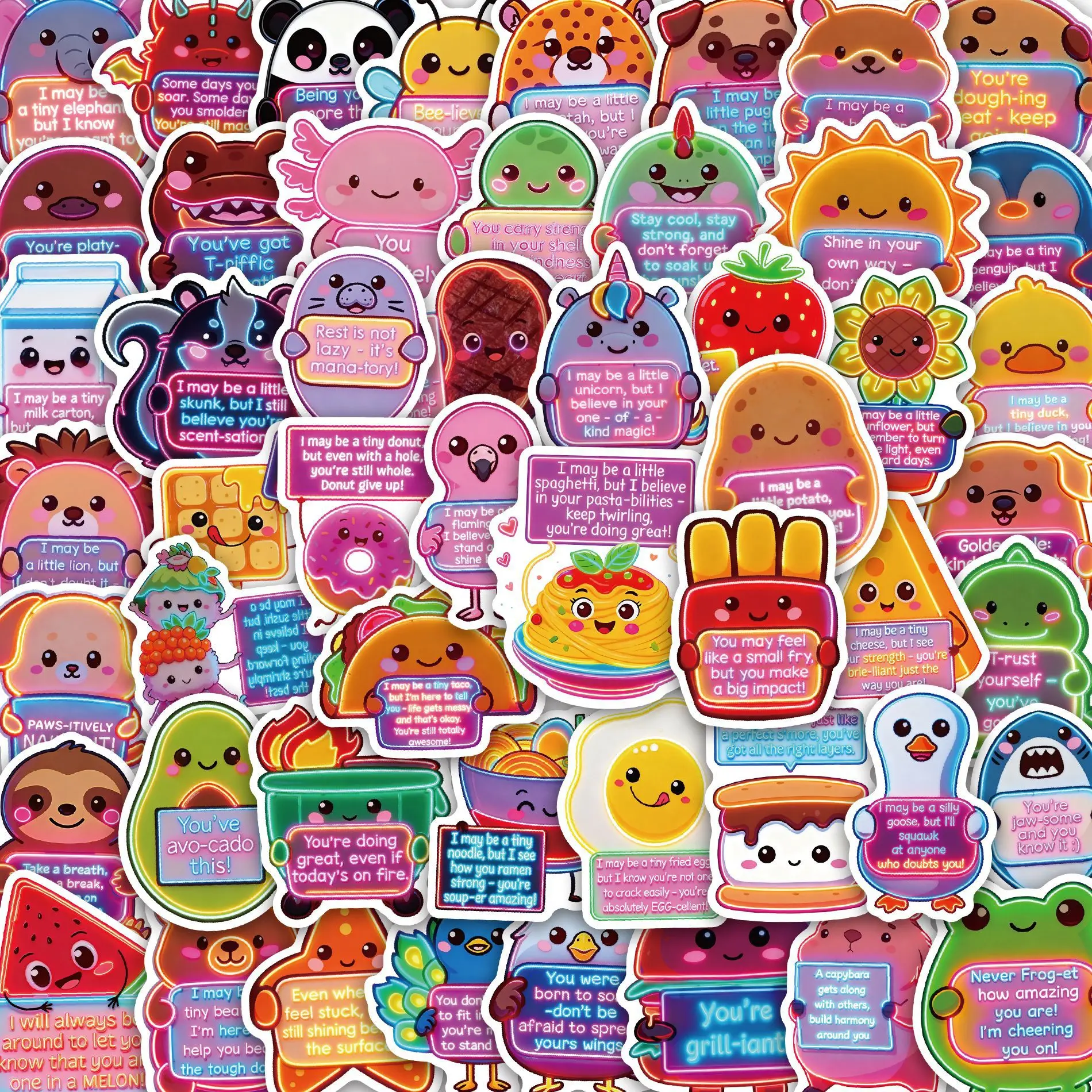 50PCS Neon Inspirational Phone Stickers Pack - Aesthetic, Kawaii, Quirky, Fun, Humorous, Cute Animal, Positivity Quote Waterproof Decals for Mobile Devices, Cellphone Covers, Planners, Aesthetic Phone Stickers, Quirky Phone Stickers