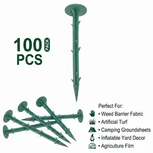 100Pcs Plastic Landscape Staples, Barbed Garden Stakes for Weed Barrier Fabric, Artificial Turf Pegs, Heavy Duty Ground Anchors for Camping Tarp & Holiday Inflatables