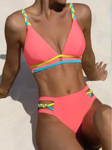 Popvil Color Contrast Patchwork Mid Waist Bikini Set with Colorful Rope Hollow Design,Big Triangle Cup & Removable Pads Sweet Style for Vacation,dealsforyoudays