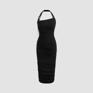Cider [size 0-10] Halter Solid Asymmetrical Hem Ruched Maxi Dress Dealsforyou