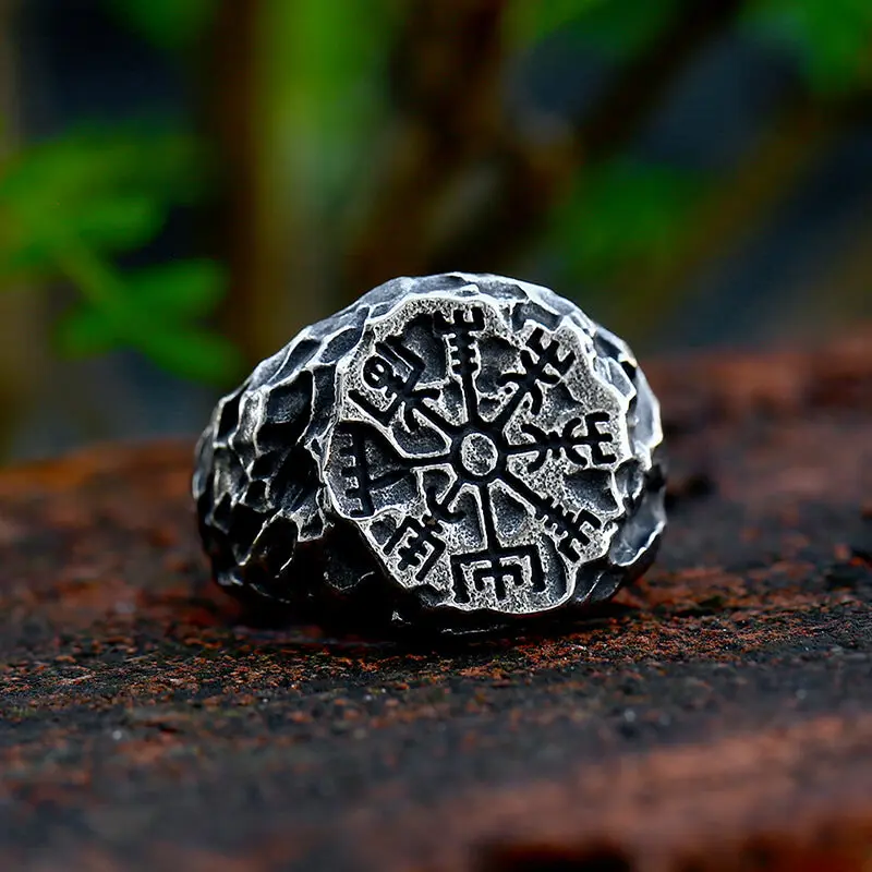 GTHIC Engraved Vegvisir Magic Compass Stainless Steel Viking Ring - Authentic Norse Artificial Gemstone Jewelry, Multi-Size Versatile Accessory for Daily Wear
