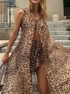 Spring Summer Chiffon Leopard Print Dress Set, Boho Style Maxi Tank Top and Skirt, Perfect for Beach Vacation, Party, Casual Wear