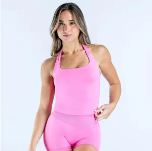 (with logo) DFYNE Women's Seamless Halter 2 Piece Workout  - High Waist Tummy Control Yoga  for Gym Quick-Dry Compression Fitness Set