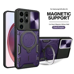 TPU PC Shockproof Magnetic Phone Case with Free Adjustment Ring Holder For Samsung Galaxy S24 Ultra in Purple SKU:PC64-SAMS24UPP