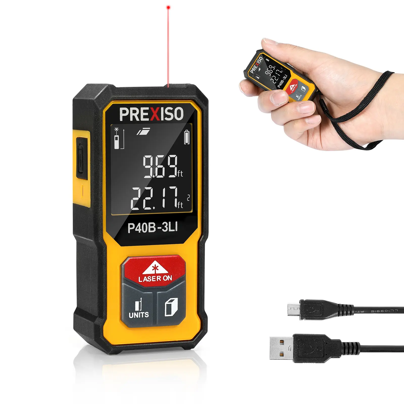 #fathersdaygift PREXISO Mini Laser Measurement Tool, 135Ft Rechargeable Laser Distance Meter Ft/Ft+in/in/M Unit, Laser Measure with High Accuracy, Pythagorean, Distance, Area, Volume Modes