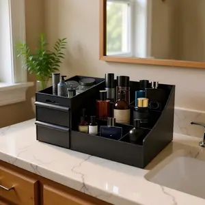 Luxury Black Drawer Organizer for Men - 7 Compartments & 2 Extra-Deep Drawers - Water-Resistant & Washable - Multilayer Storage Solution for Skincare, Fragrances, & Shaving Supplies - Ideal for Bathrooms, Bedrooms, & Offices