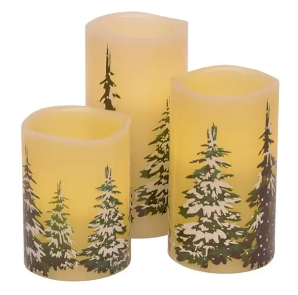 Snowy Winter Pine Forest Flameless LED Candle Set of 3 Real Wax Flickering Christmas Pillar Candles for Cozy Holiday Home Décor