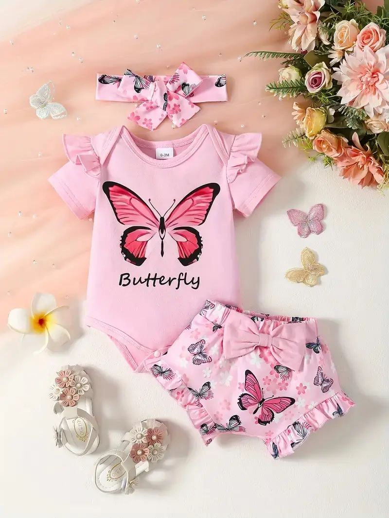 Baby girl summer sweet breeze pink butterfly pattern, bow headband, ruffled sleeves jumpsuit with bow shorts skirt, suitable for Children's Day preferred baby clothes