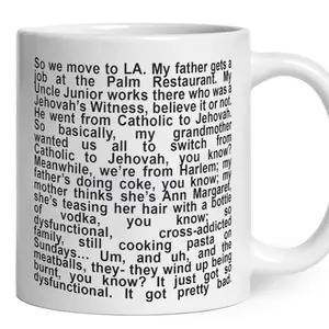 Queen of Melrose “My Father Gets a Job at the Palm Restaurant” Mug, Funny Story Paragraph Ceramic Coffee Mug 11oz, Minimal Black Text Cup, Literary Humor Mug, Unique Gift