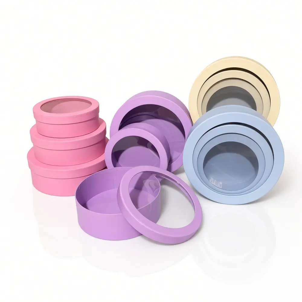 Set of 3 Round Flower Gift Boxes with Clear Lid | W130