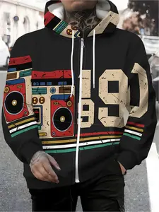 Men's Zip-Up Hoodie - Fall/Winter Apparel, Plain Digital Print Pattern - No Texture, Vintage Radio and Number 90, Machine Washable, Suitable for Travel and Daily Wear - Loose Fit, Suitable for Everyday Wear, Comfortable and Stylish