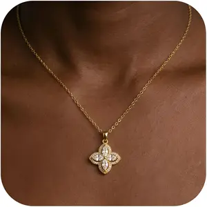 Flower Fidget Necklace for Women Rotatable Crystal Four Leaf Flower Pendant Necklaces Adjustable Spinning Anxiety Jewelry