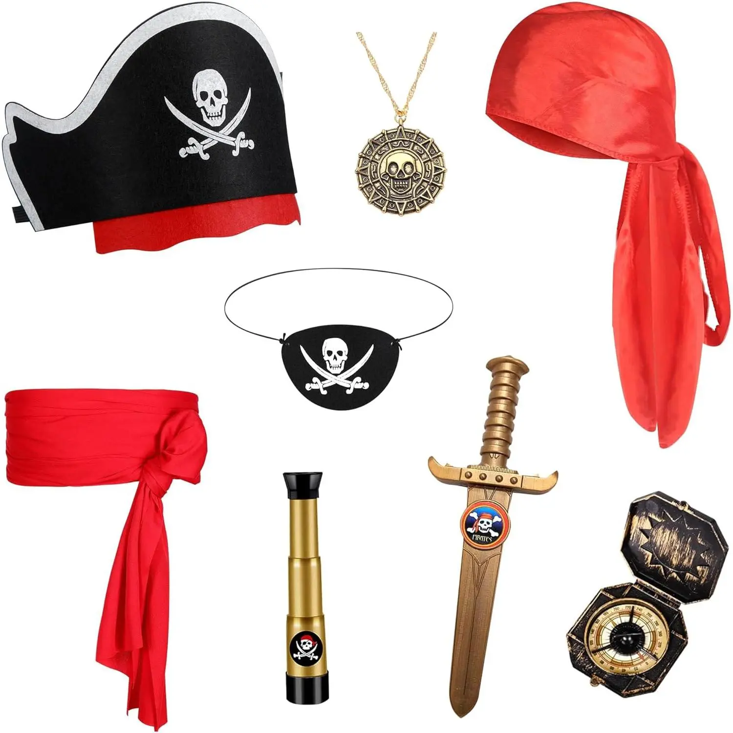KF5-90 Kids' Black Pirate Costume Accessories Set - 8 Pcs for Halloween Fancy Dress Party Captain Cosplay