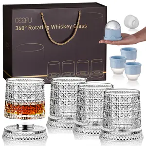 Spinning Whiskey Glass Set – 4-Pack Crystal Rotating Glasses with 4 Ice Ball Molds & Elegant Gift Box,Lead-Free Bourbon Scotch Barware for Parties, Gatherings & Home Bar,Gifts for Whiskey-lovers