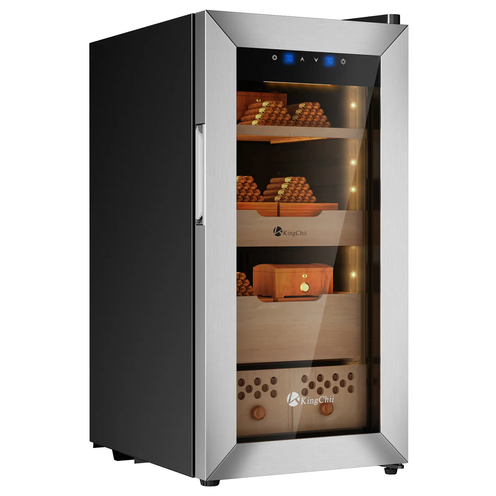 KingChii 50L Freestanding Compressor Refrigerator Mini-Fridge Humidifier Cabinet with Spanish Cedar, US Plug, Auto Humidify, Temperature & Humidity Control, 360° Air Circulation, 400-Capacity Household Appliance