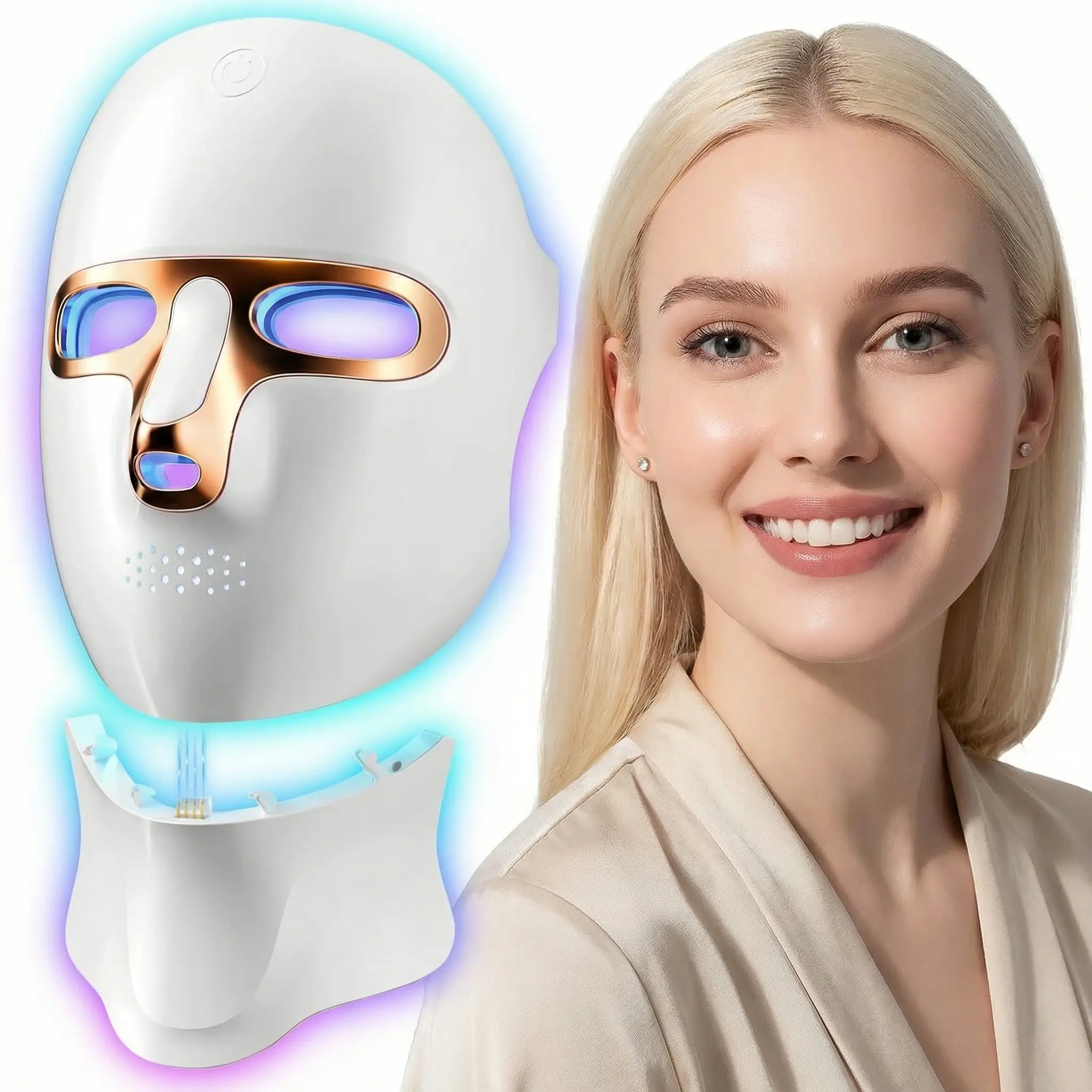 Red Light Therapy Mask for Face and Neck with Face Lifting Strap, Cordless Device with 120 LEDs for Collagen Boost & Skin Rejuvenation, Attachment, Facial Care Instrument, Rechargeable Battery, Infrared Lights, Neck Strap, 630 Nm Red Light Targets Collage