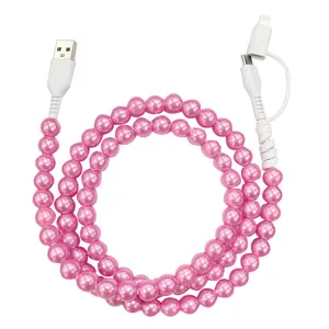 Pearl-Decorated Charging Cable, Phone Charging Accessories - Compatible with all devices USB-C and Lightning interfaces 2-in-1 data cable, 3.3 feet in length, for fast charging, available in multiple colors, Holiday gifts