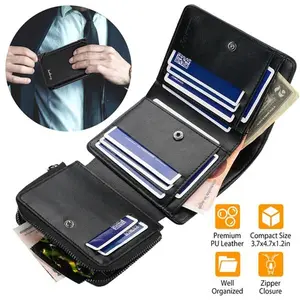 Men's Leather Wallet, Trifold Card Holder with ID Window, Zipper Pocket Design, Large Capacity for Cash and Cards, Daily Casual Storage Purse-3333