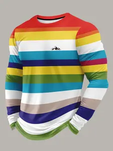 Men's Colorful Striped Print Long Sleeve T-Shirt, Breathable Round Neck Top, Outdoor Casual Sport Underwear, Spring & Fall Fashion, Casual Breathable Sportswear