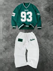 Street Casual Set Unisex Stacked Collar Sweatshirt Long Sleeve Print Pants Two-Piece Set, Colorblock, American Retro School Style