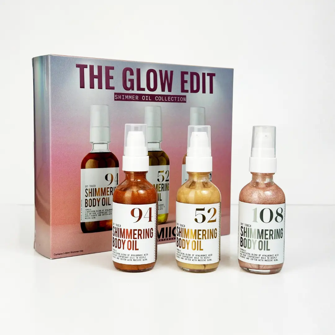 THE GLOW EDIT Shimmer Oil Trio - Scented Beauty Body Oils for All Skin Types, 3 Festive Gourmand Scents with Ultrafine Shimmer for Radiant Glow, 225g Set - Intense Vanilla Bronze, Sweet Strawberry Milk Gold, Warm Vanilla Syrup Rose Gold