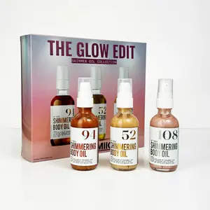 THE GLOW EDIT Shimmer Oil Trio - 3 Festive Gourmand Scents with Ultrafine Shimmer for Radiant Glow - 225g Set - Intense Vanilla Bronze, Sweet Strawberry Milk Gold, Warm Vanilla Syrup Rose Gold
