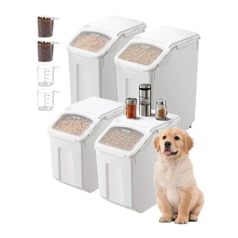 VEVOR Rice Storage Container, 3.5Gal/15Lx2 + 4.5Gal/20Lx2 Large Dog Food Dispenser Bin, Kitchen Ingredient Grain Cereal Bin, Pet food Containers with Wheels, 4 Measuring Cups, Airtight Lid, 4 Pack