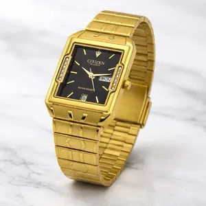 New Citizen Gold -Tone Stainless Steel Black Dial Day and date Men`s Watch