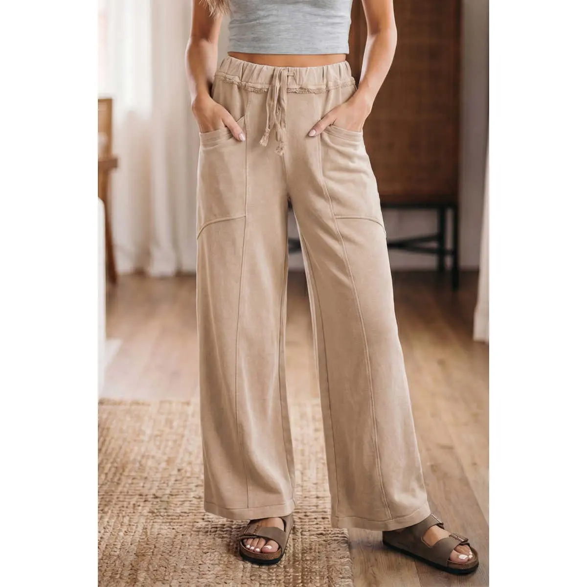 Smoke Gray Mineral Wash Drawstring Retro High Waist Wide Leg Western Pants